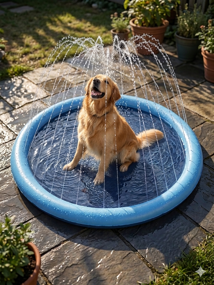 Piscina para mascotas con rociadores